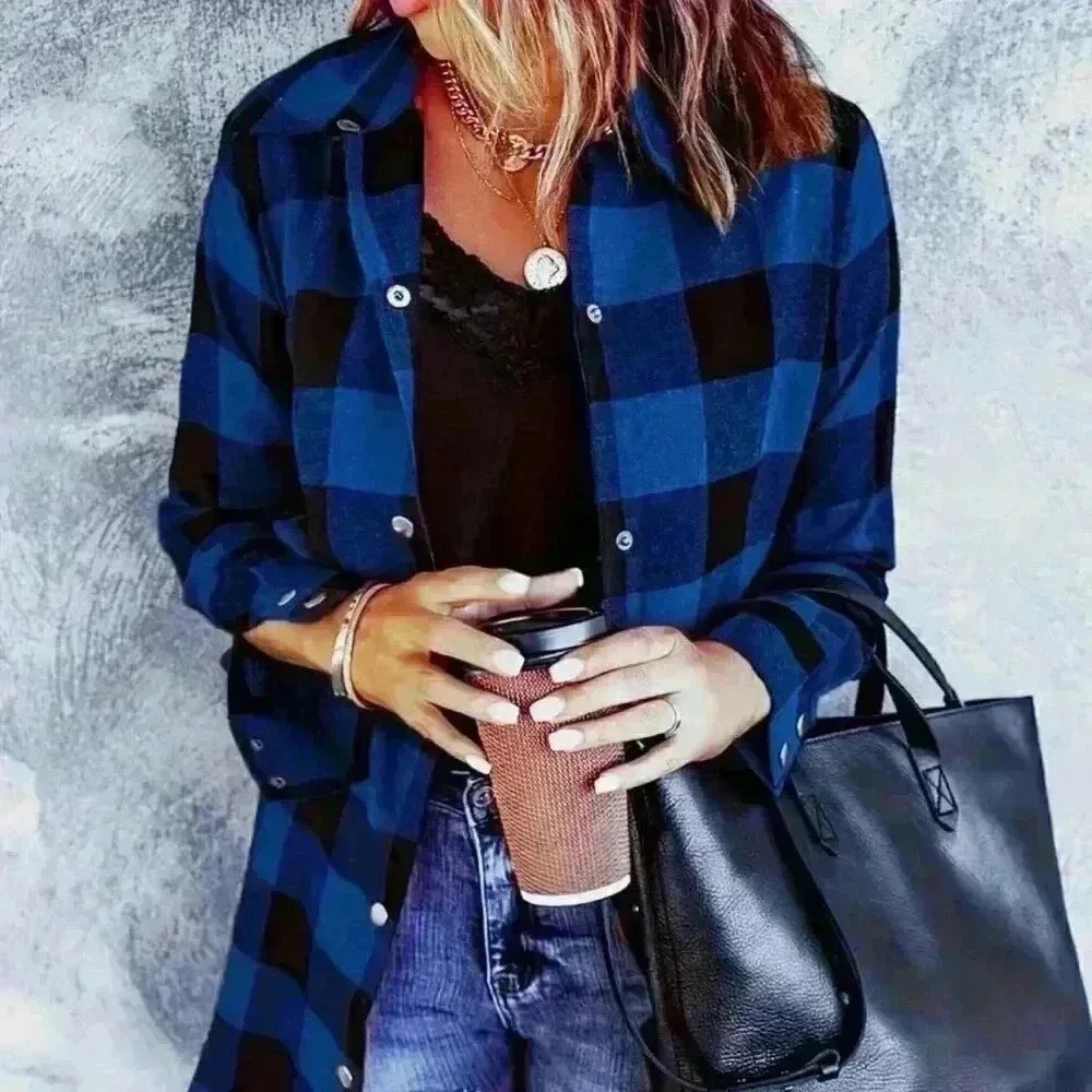 Blue Casual Women's Plaid Long Sleeve Loose Casual Blouse